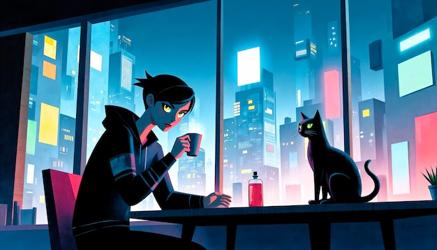 Ảnh mèo đen anime trong thế giới cyberpunk huyền ảo - Cực ngầu!