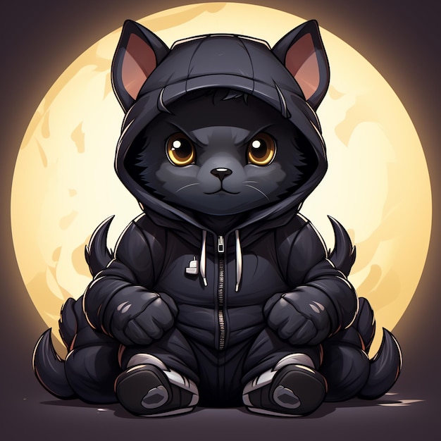 Ảnh mèo đen anime đội mũ, ngồi trước trăng tròn - Cute