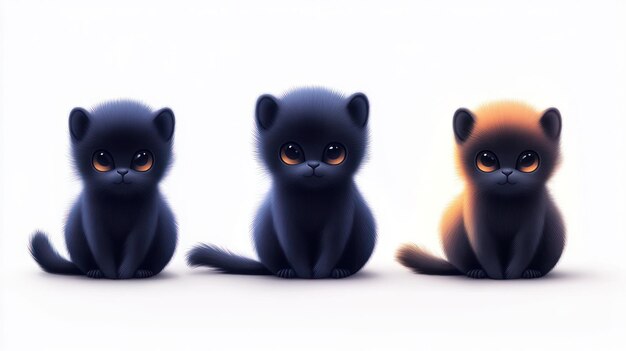 Ảnh ba chú mèo con dễ thương theo phong cách ảnh mèo đen anime, ngồi cạnh nhau với vẻ mặt ngây thơ - cute!