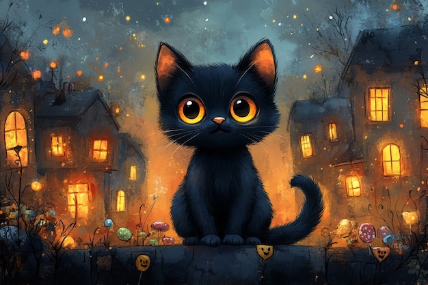 Mot buc tranh halloween voi anh meo den anime dang yeu