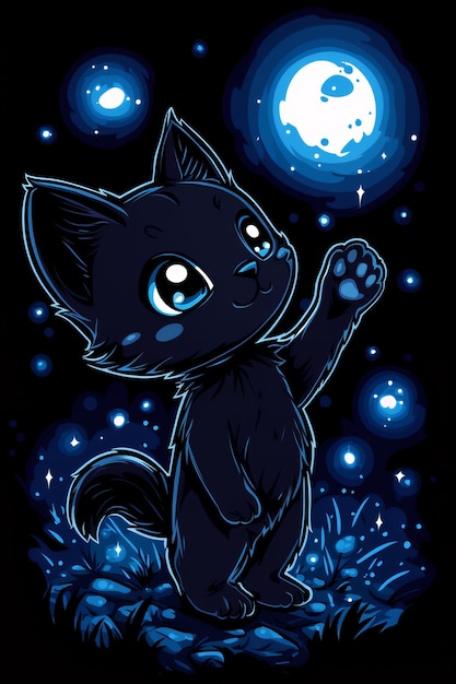 Anh meo den anime dang vuon toi mat trang, mot buc tranh day su duyen dang va hai huoc.