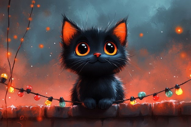 Mot buc tranh ve meo den anime trong dem Halloween, that la vui!