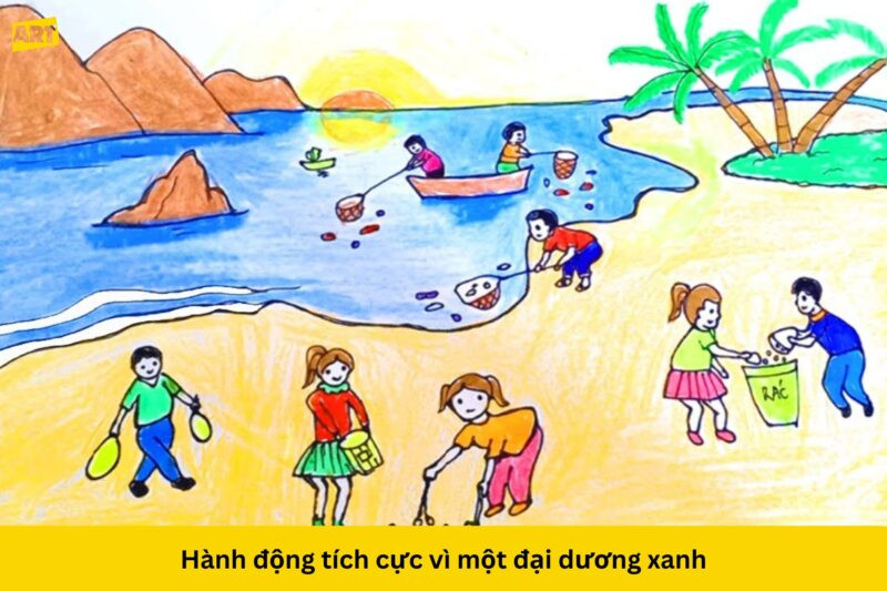 Tranh vẽ bảo vệ môi trường biển ý nghĩa với hình ảnh trẻ em chung tay dọn rác trên bãi biển
