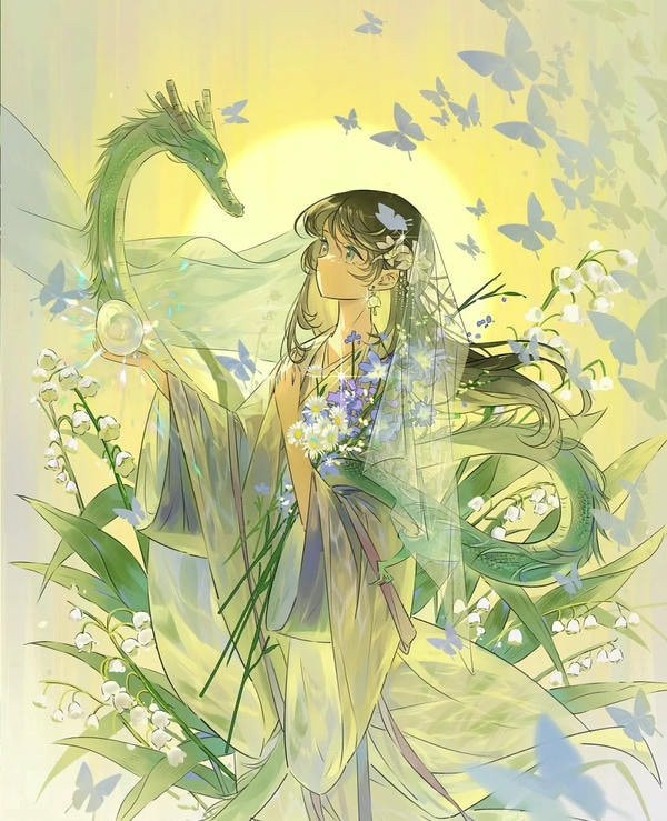 Ảnh anime nữ cổ trang bên cạnh con vật thần thoại