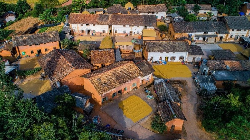 Con đường lát gạch dẫn tới cổng làng có mái ngói rêu phong, cảnh bình yên và truyền thống.