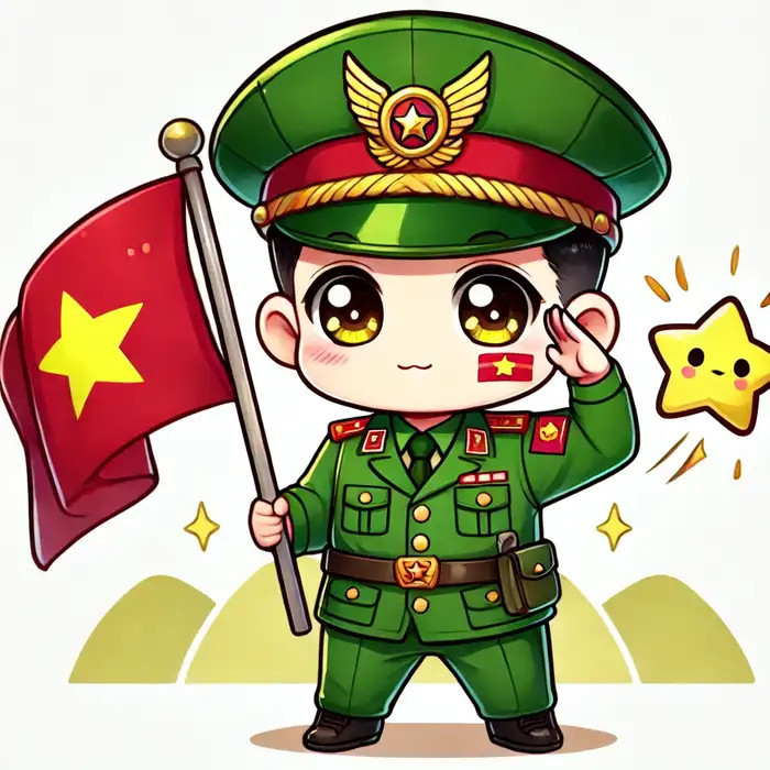 Ảnh chibi chú bộ đội cầm cờ dễ thương