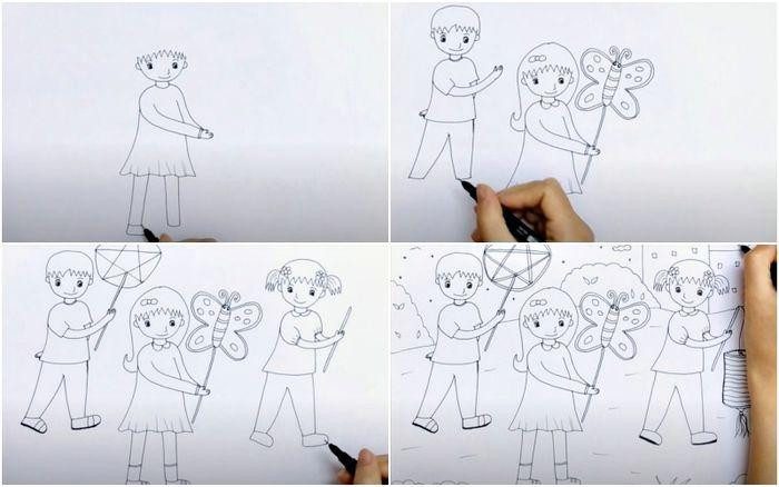 Tranh vẽ một bé gái mặc áo dài đang vui vẻ vẽ cảnh múa lân rộn ràng ngày Tết