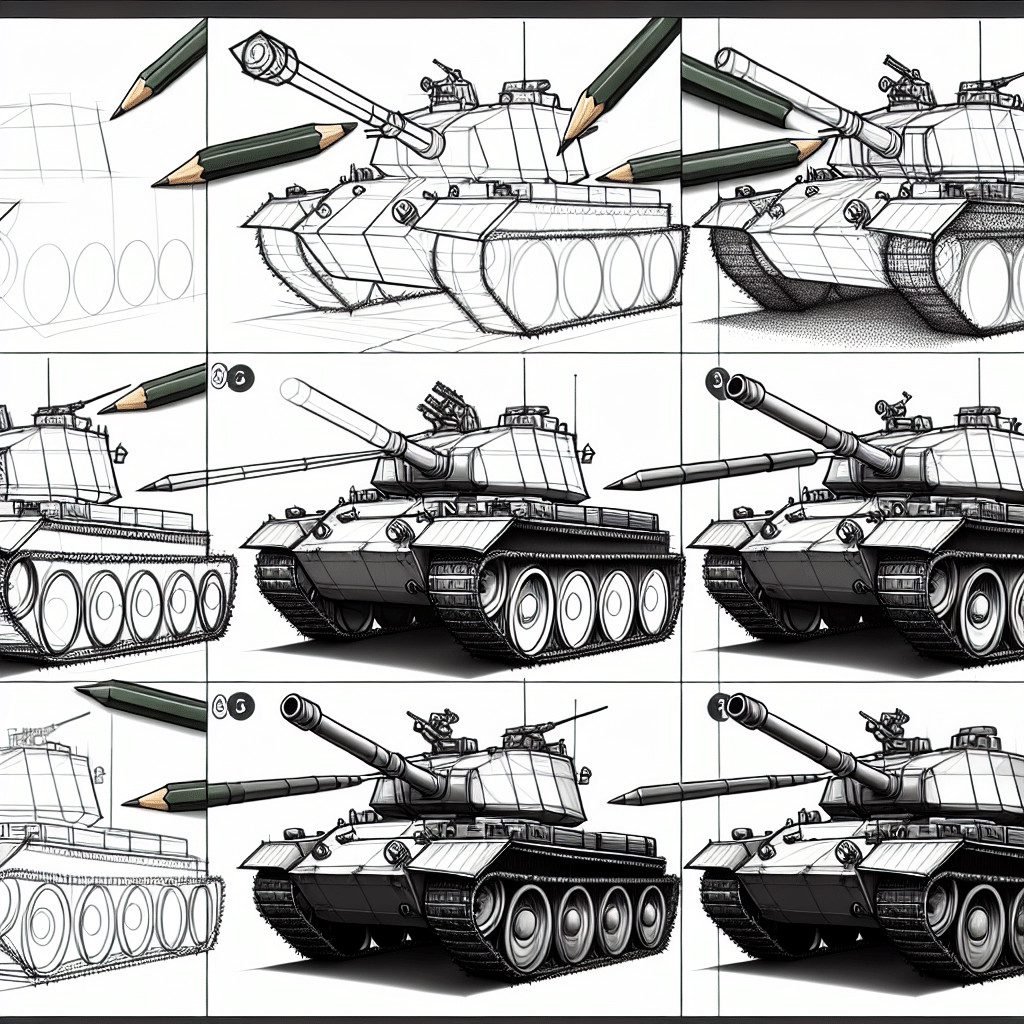 Hướng dẫn cách vẽ xe tăng dễ nhất bắt đầu từ việc phác thảo các khối hình học cơ bản của thân và tháp pháo