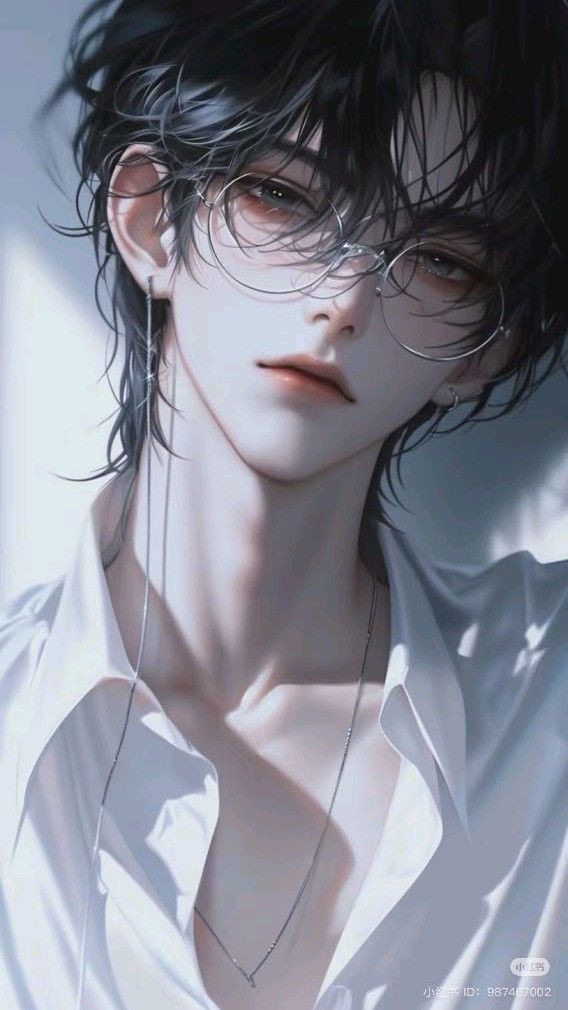 Chàng trai anime tóc đen đeo kính vẻ mặt lạnh lùng