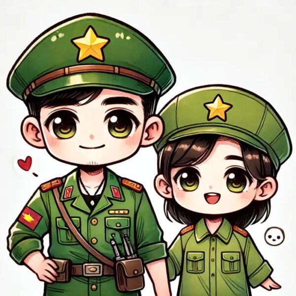 Chibi chú bộ đội biên phòng bên gia đình yêu thương