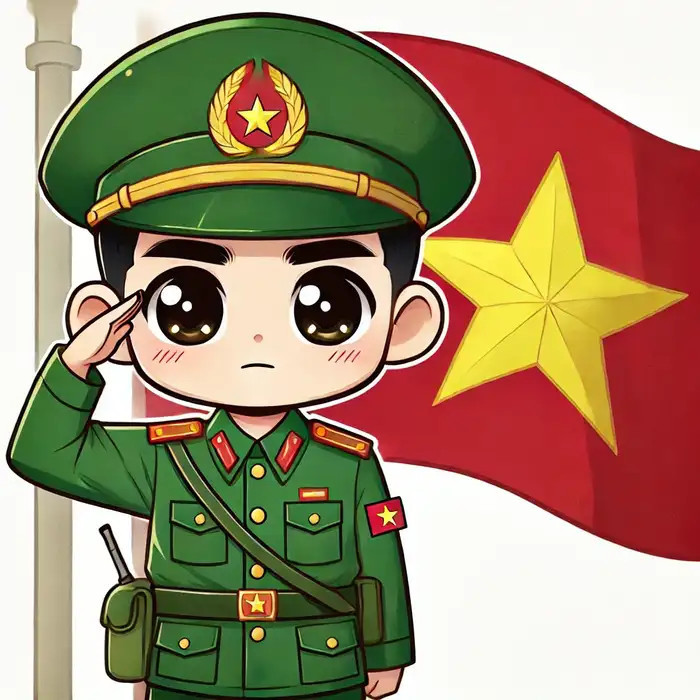 Chibi chú bộ đội cùng lá cờ đỏ sao vàng