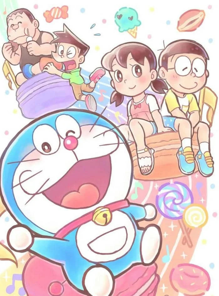 Nhóm bạn Nobita, Doraemon, Shizuka, Suneo, Chaien dưới nét vẽ chibi dễ thương