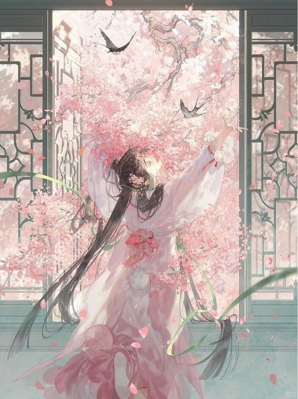 Cô gái anime cổ trang dạo bước trong vườn