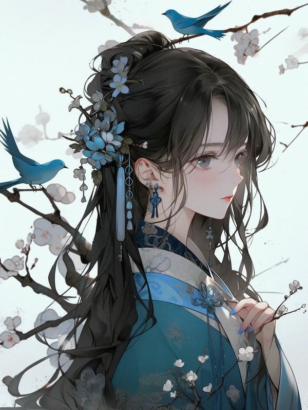 Cô gái anime cổ trang với vẻ mặt bình yên