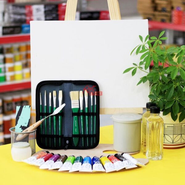 Bộ dụng cụ cơ bản đầy đủ cho người mới bắt đầu học vẽ tranh acrylic tại nhà gồm màu, cọ, toan