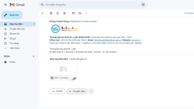 Giao diện soạn email khi chuyển tiếp thủ công một thư cụ thể trong Gmail
