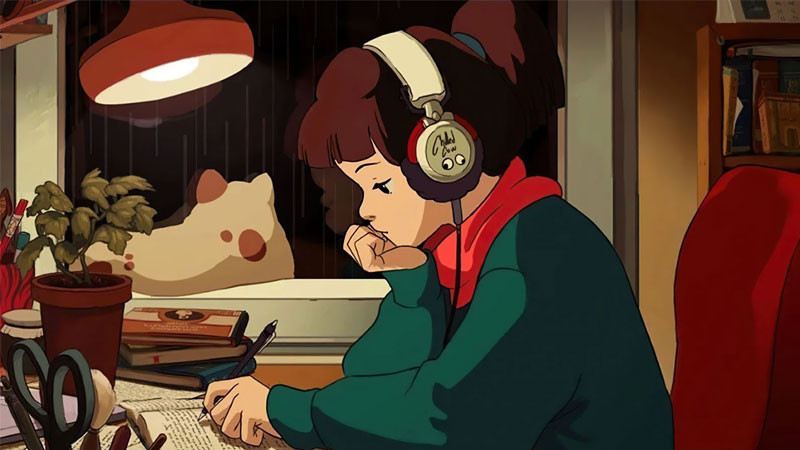 Góc bàn làm việc lofi với máy tính, sách và ánh sáng dịu nhẹ