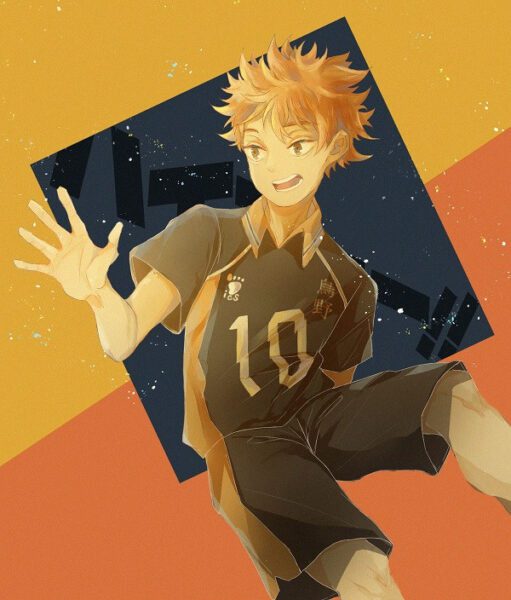 Hinata Shouyou bật cao giữa sân đấu với ánh mắt quyết tâm