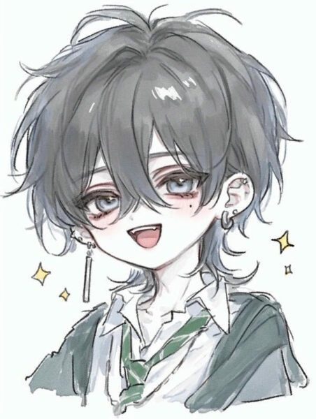 Một chàng trai anime với đôi mắt to tròn và mái tóc hơi rối