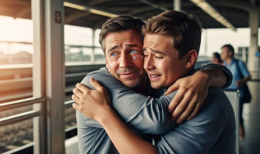 Hình ảnh cha và con trong khung cảnh huyền ảo, tạo bởi AI.