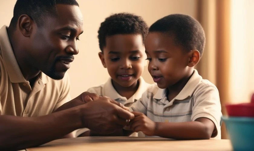 Hình ảnh cha và con với nét vẽ dễ thương, thể hiện sự hồn nhiên.