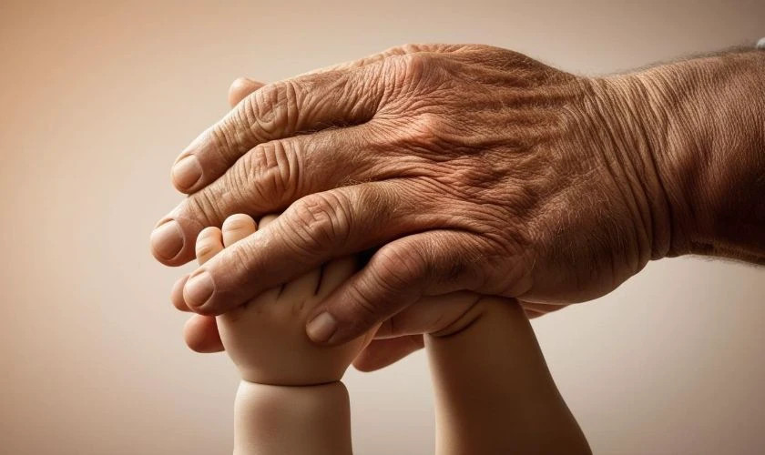 Hình ảnh cha dắt tay con gái trên bãi biển lúc hoàng hôn.