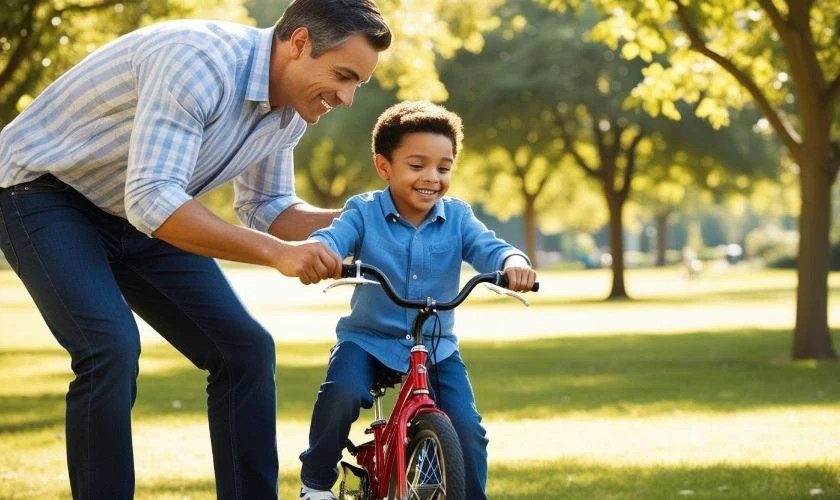 Cha và con trai chơi đùa trong ánh nắng.