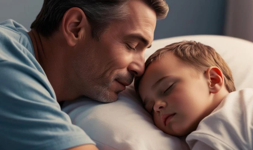 Hình ảnh cha dịu dàng nhìn con gái đọc sách.