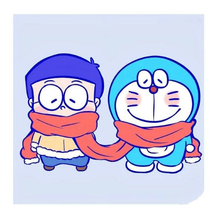 Hình ảnh chibi Nobita và Doraemon thân thiết, pose dáng đáng yêu