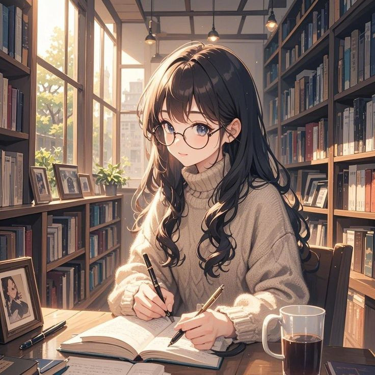 Hình ảnh nữ sinh anime đeo kính trong lớp học