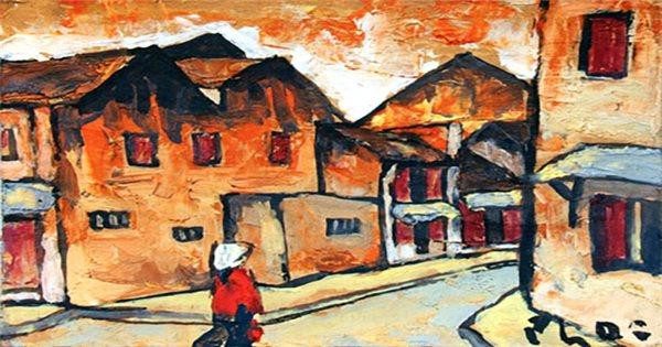 Phố cổ Hà Nội với những mái ngói rêu phong, đặc trưng trong tranh Bùi Xuân Phái