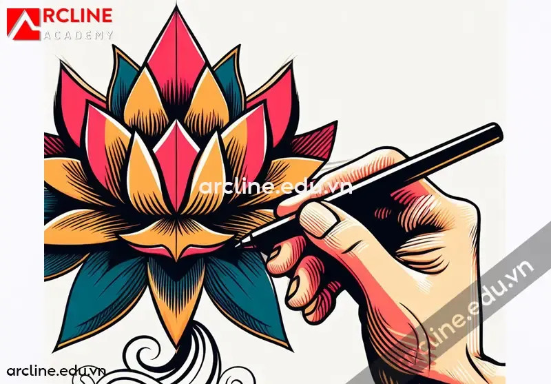Hoàn thiện bản vẽ cách điệu hoa lá đơn giản với đường nét rõ ràng và tô màu sáng tạo