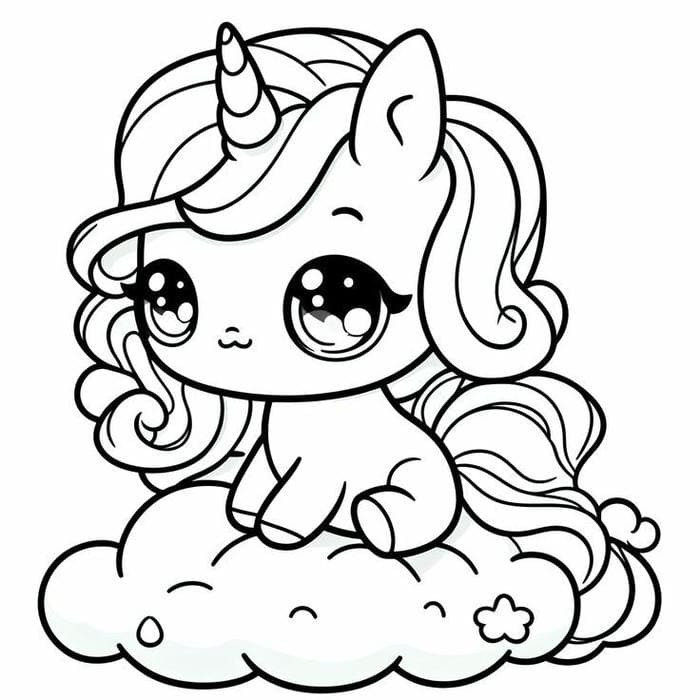 Kỳ lân dễ thương ngồi trên đám mây với cầu vồng nhỏ