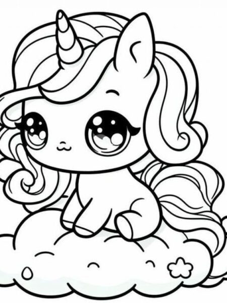 Kỳ lân dễ thương với bờm và sừng cầu vồng đang mỉm cười