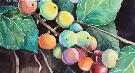 Một tác phẩm tranh tĩnh vật màu nước với độ loang màu tinh tế vẽ những bông hoa cúc trong lọ thủy tinh