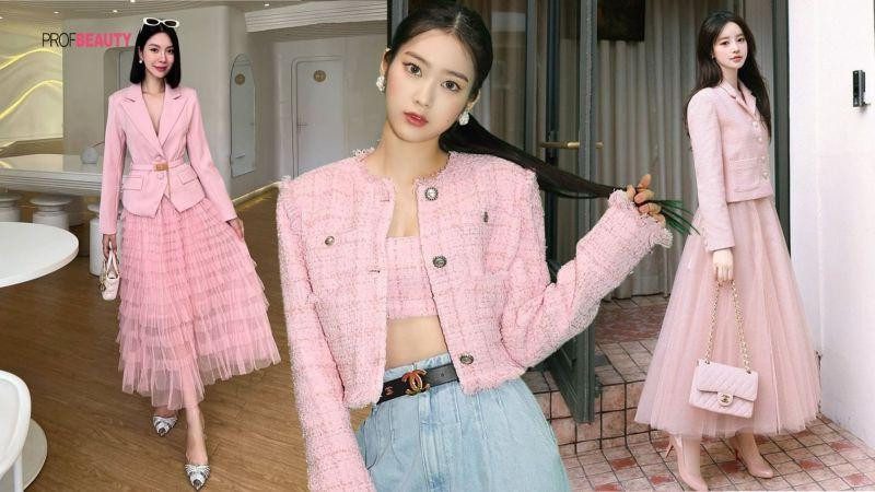 Cánh tay với bộ móng sơn màu hồng baby ngọt ngào, kết hợp cùng trang phục pastel nhẹ nhàng