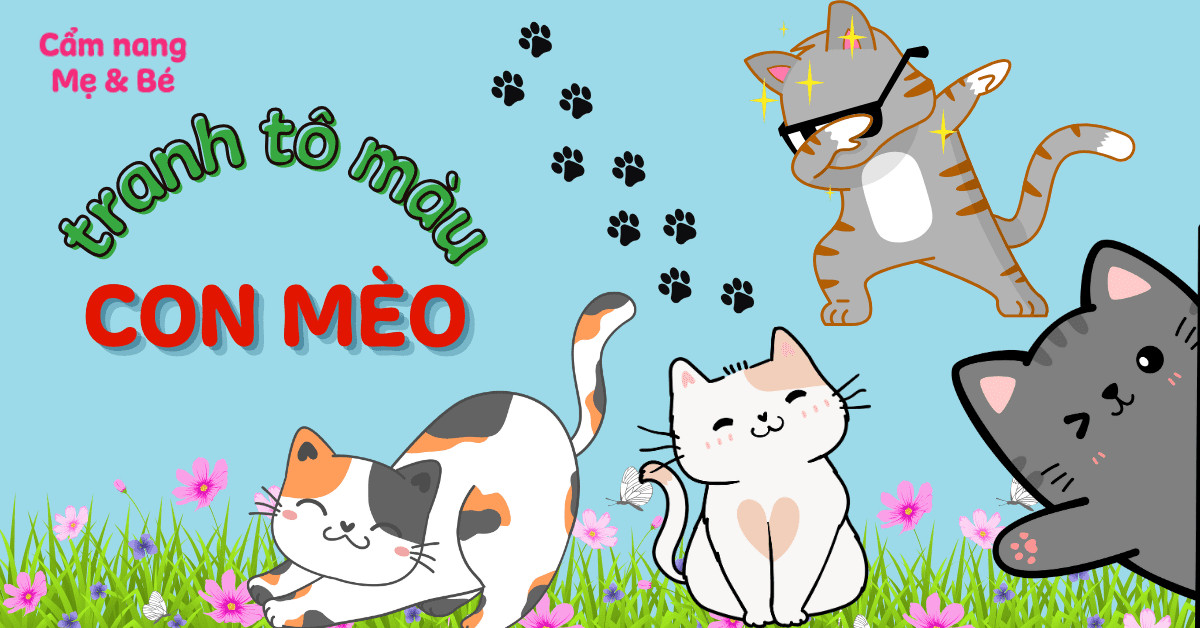 Mẫu tranh vẽ mèo con đơn giản dễ thương đáng yêu cho bé tập tô màu