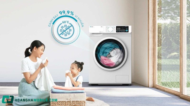 Máy giặt cửa trước hiện đại với thiết kế sang trọng, minh họa khái niệm máy giặt nằm ngang