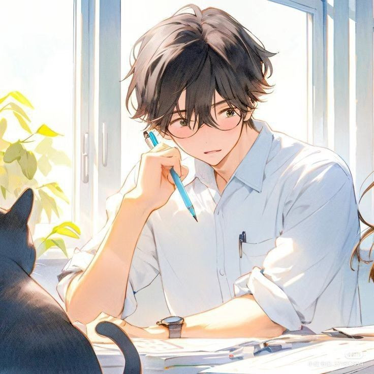 Nam sinh anime đeo kính ngồi trầm tư bên cửa sổ