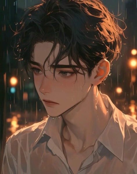 Nhân vật anime nam đứng cô đơn dưới màn mưa