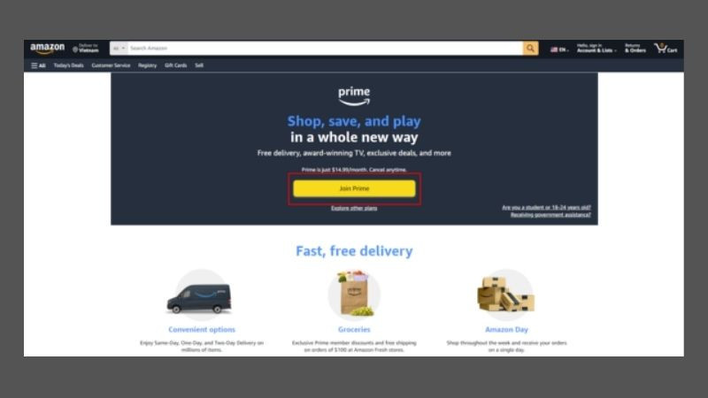 Nút hoặc liên kết "Join Prime" trên trang web Amazon, đánh dấu điểm bắt đầu quy trình đăng ký dịch vụ Amazon Prime