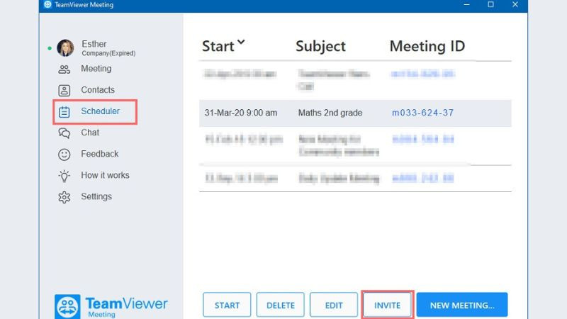 Nút 'Invite' để mời người tham gia vào cuộc họp TeamViewer