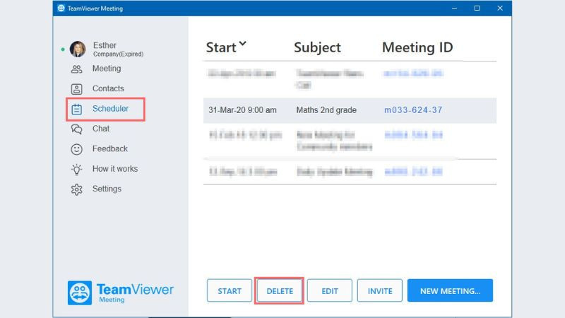 Nút xóa cuộc họp đã lên lịch trong danh sách TeamViewer Scheduler