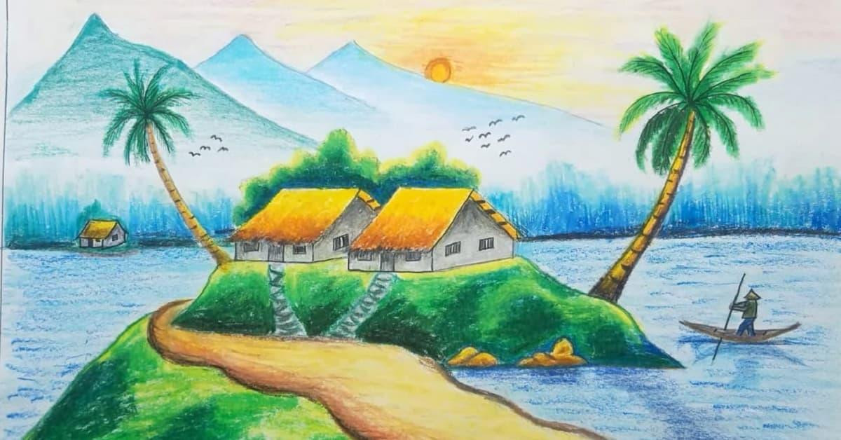 Phác thảo bút chì đơn giản cho một bức tranh đồng quê với đường nét cơ bản về nhà cửa và cây cối