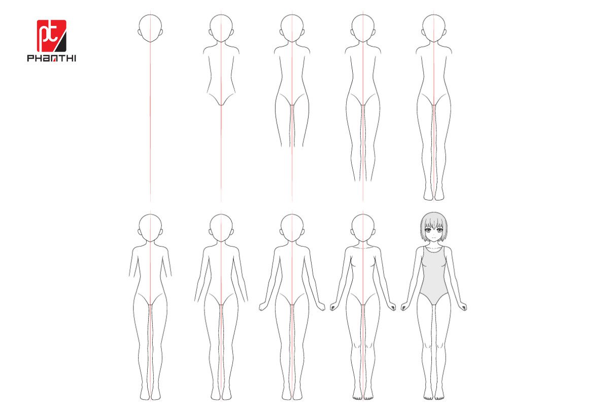 Các bước phác thảo đầu và định vị các chi tiết khuôn mặt cho cách vẽ anime nữ đơn giản bằng bút chì