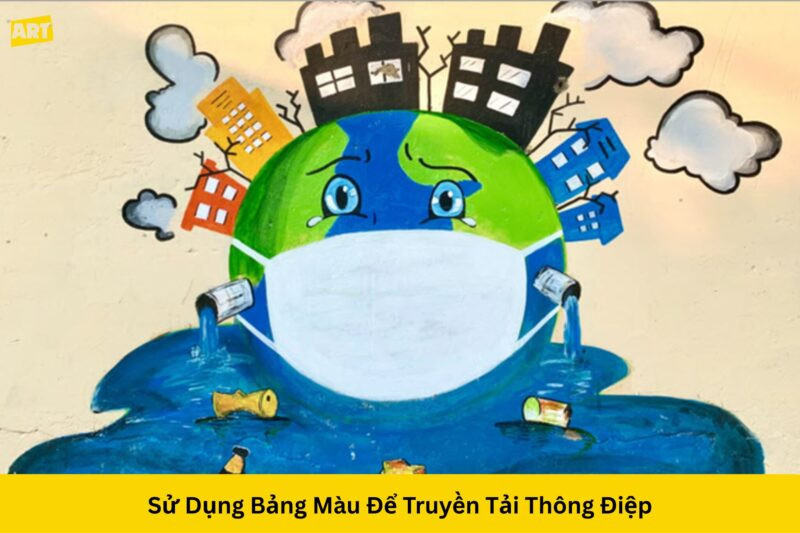 Bảng màu tương phản mạnh mẽ, thể hiện sự đối lập giữa thiên nhiên tươi đẹp và môi trường ô nhiễm