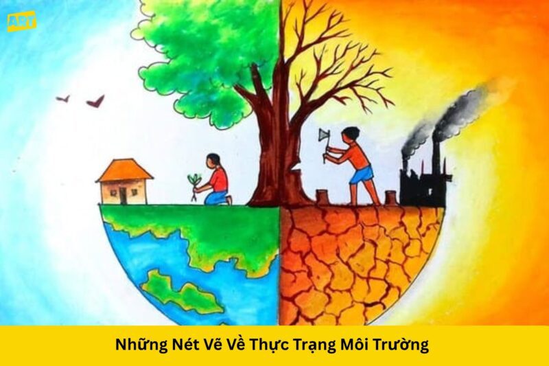 Tranh vẽ mô tả cảnh quan thiên nhiên bị tàn phá bởi rác thải nhựa và khói bụi công nghiệp
