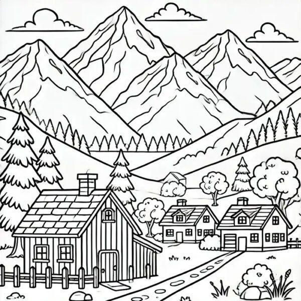 Trang tô màu phong cảnh đồi núi yên bình với những đường nét đơn giản