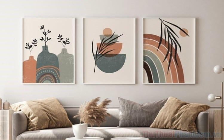 Tranh vẽ cành lá đơn giản tinh tế treo tường phòng khách hiện đại