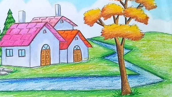 Tranh vẽ đề tài phong cảnh quê hương thanh bình với con sông nhỏ, cây cầu tre và mái nhà tranh đơn sơ mộc mạc.